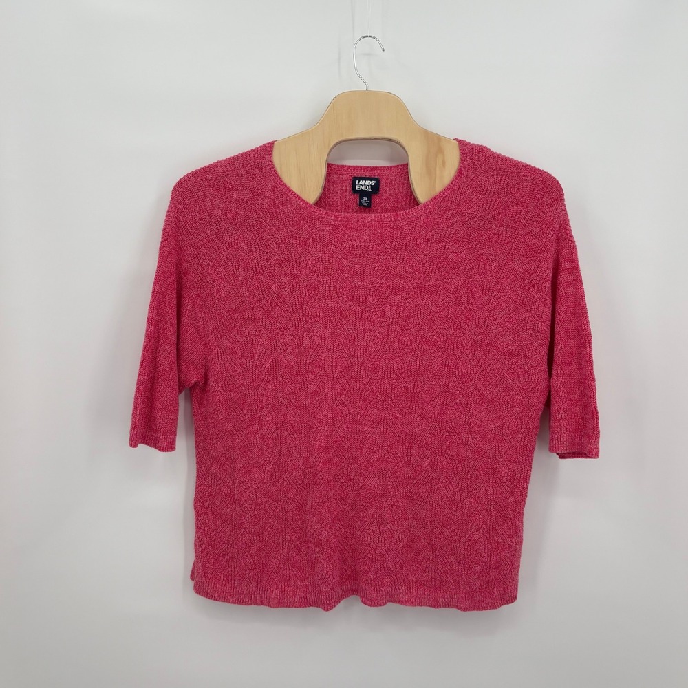 Lands End Womens 3X Pink Linen Cotton Textured Knit Elbow Sleeve Sweater 24W-26W